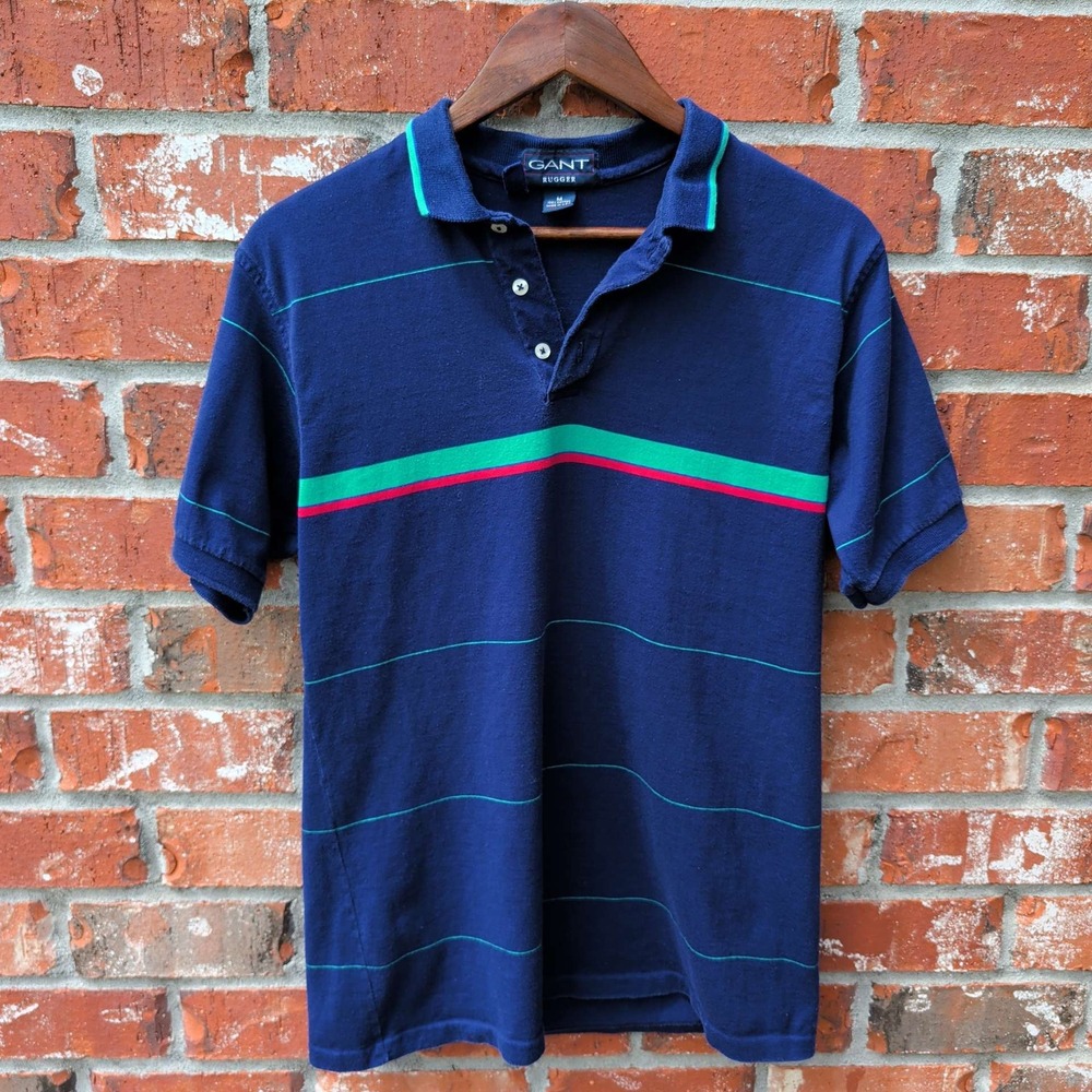 VTG 90s Gant Rugger Polo Shirt Mens Medium Navy Blue Striped Short Sleeve USA